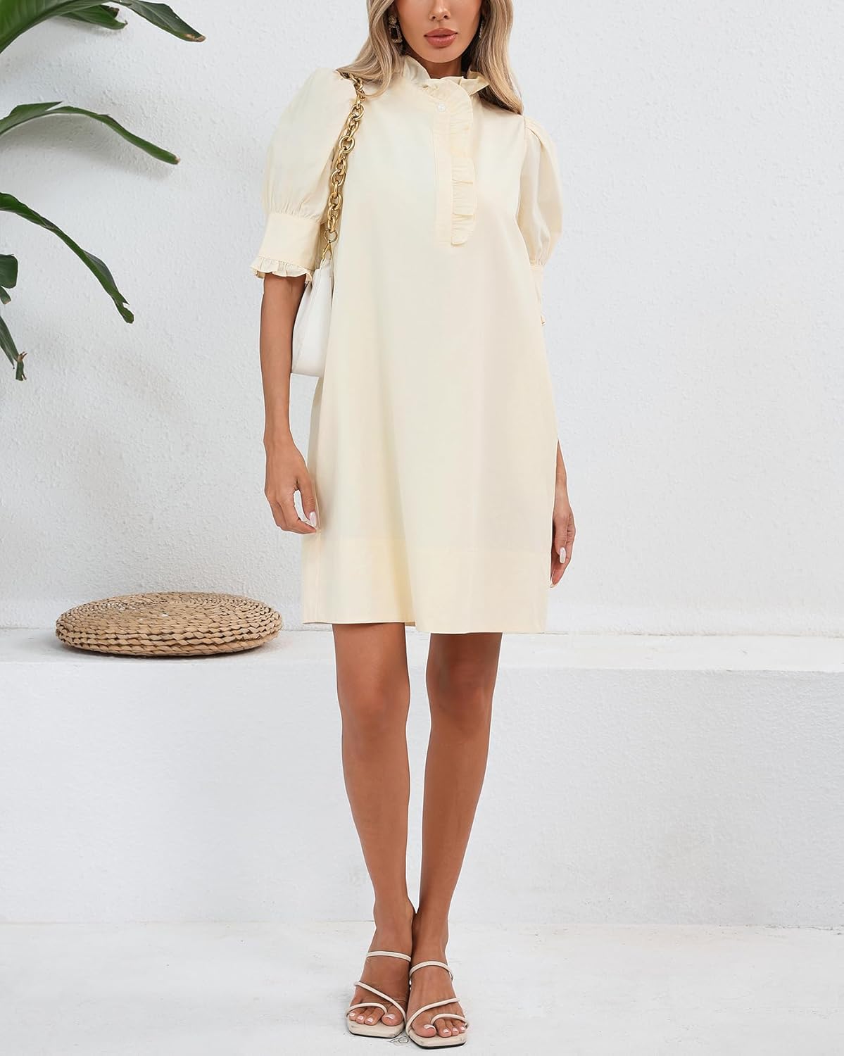 Women's Puff Short Sleeve Stand Ruffle Collar Summer Dress Casual A Line Shift Mini Dress with Pockets - Image 2