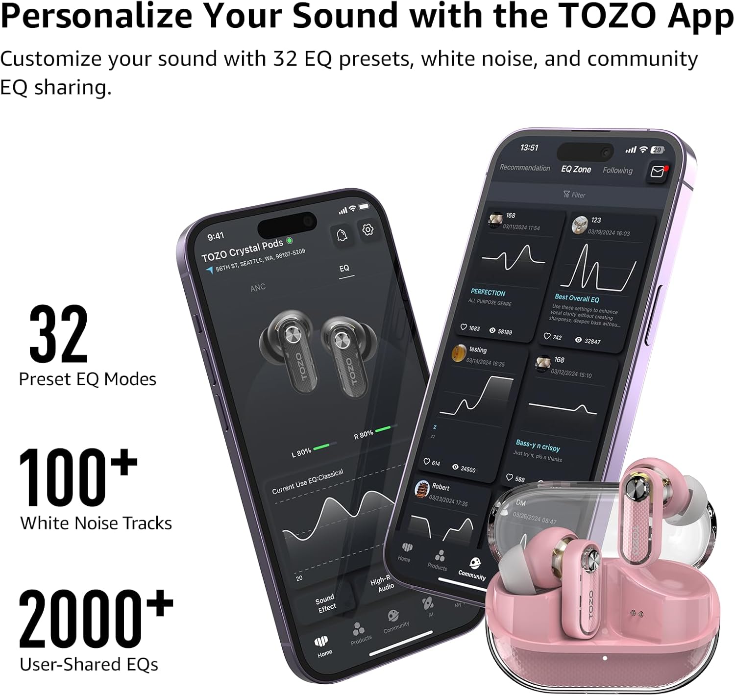 TOZO Crystal Pods Hybrid Active Noise Cancelling Wireless Earbuds, 10mm Drivers Deep Bass, 4 Mics Smart ENC AI Calls, Real-Time AI Translation, 32 EQ via App, Bluetooth 5.4, Crystal Design