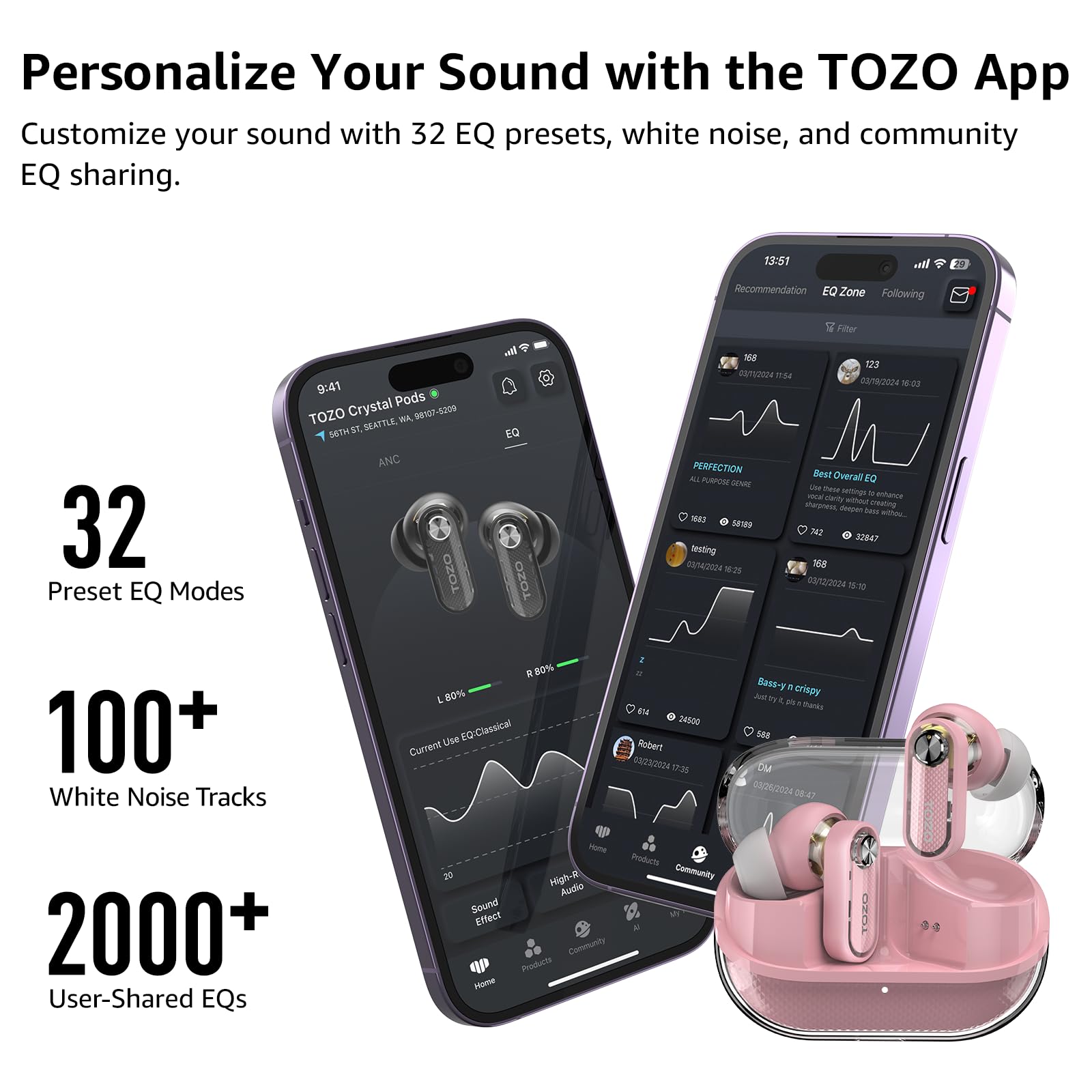 TOZO Crystal Pods Hybrydowe bezprzewodowe słuchawki z aktywną redukcją szumów, podwójny mikrofon ENC AI Clear Calls, słuchawki Bluetooth 5.4 w uchu, wodoodporne słuchawki IPX5, 32 EQs przez APP