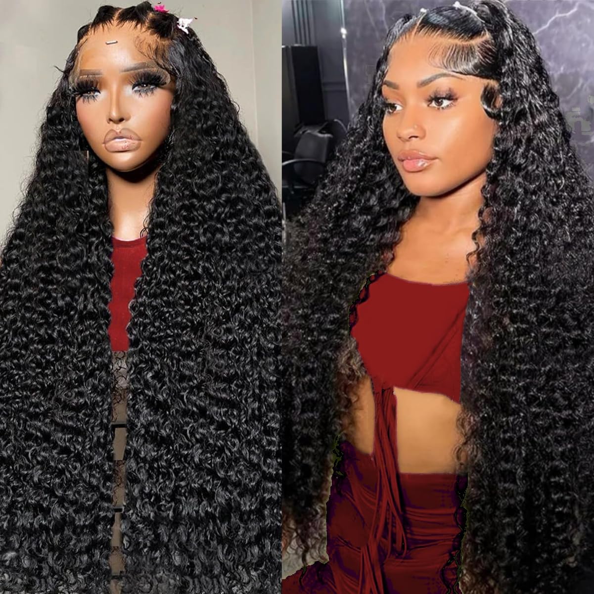 13x6 Deep Wave Lace Front Wigs Human Hair Glueless Pre Plucked Human Hair Wavy Wigs 180% Density Lace Front Wig Deep Curly With Baby Hair for Black Women 34 Inch