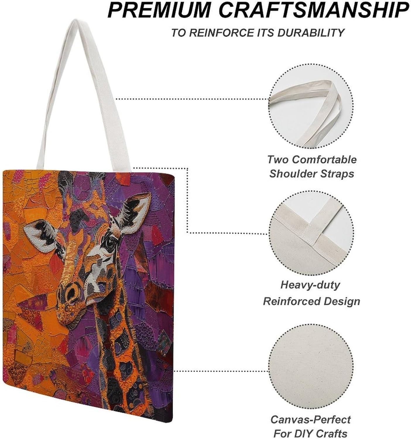 Colorful Giraffe Painting Canvas Tote Bag Reusable Grocery Bags Foldable Soft Cotton Shoulder Carry Bag