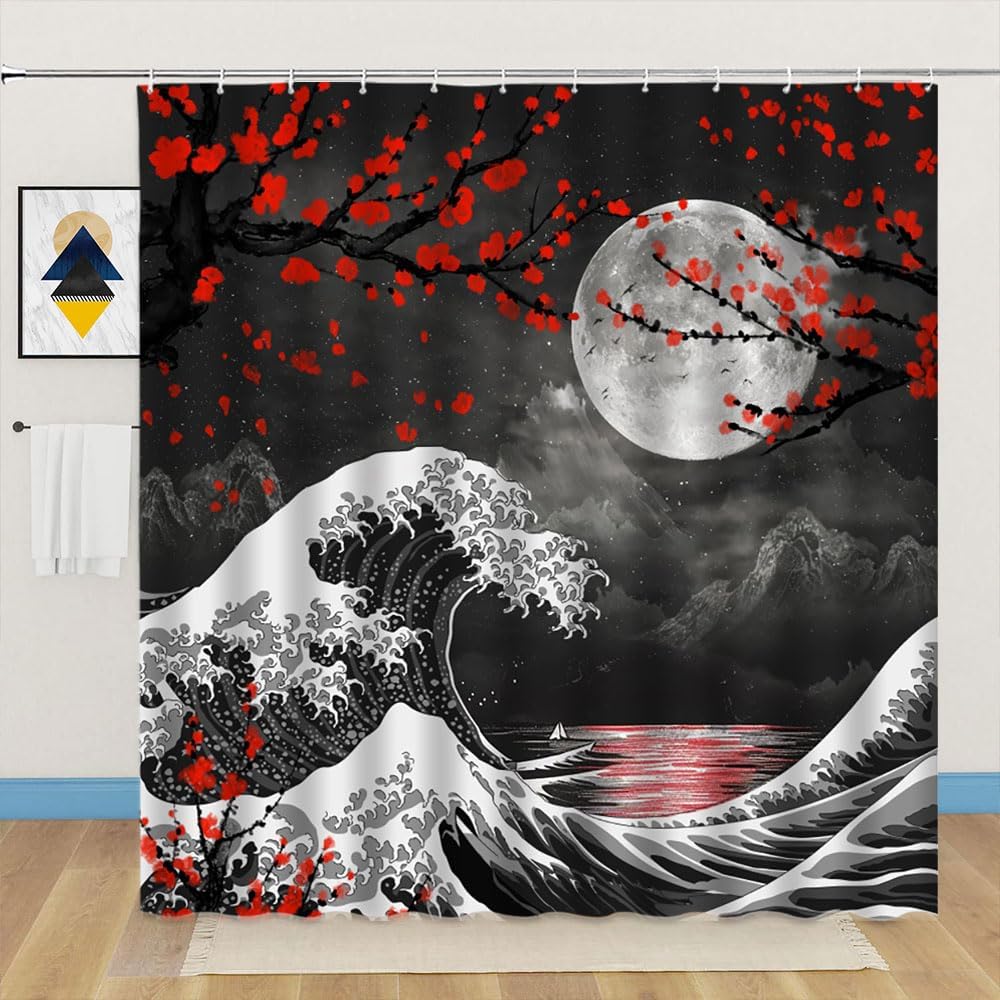 Cherry Blossom Moon Shower Curtain Great Wave Japanese Kanagawa Sea Waves Ocean Nautical Mountain Traditional Landscape Bathroom Decor Fabric Curtains with Hook 80Wx70H Inches