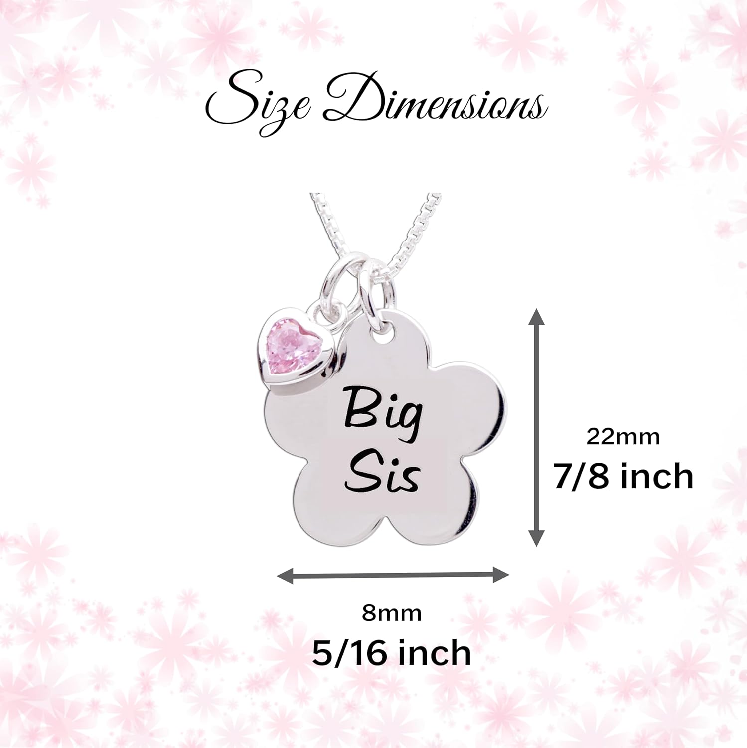 Cherished Moments Girl's Big Sis or Lil Sis Flower Necklace with Pink CZ Heart Charm, 14"