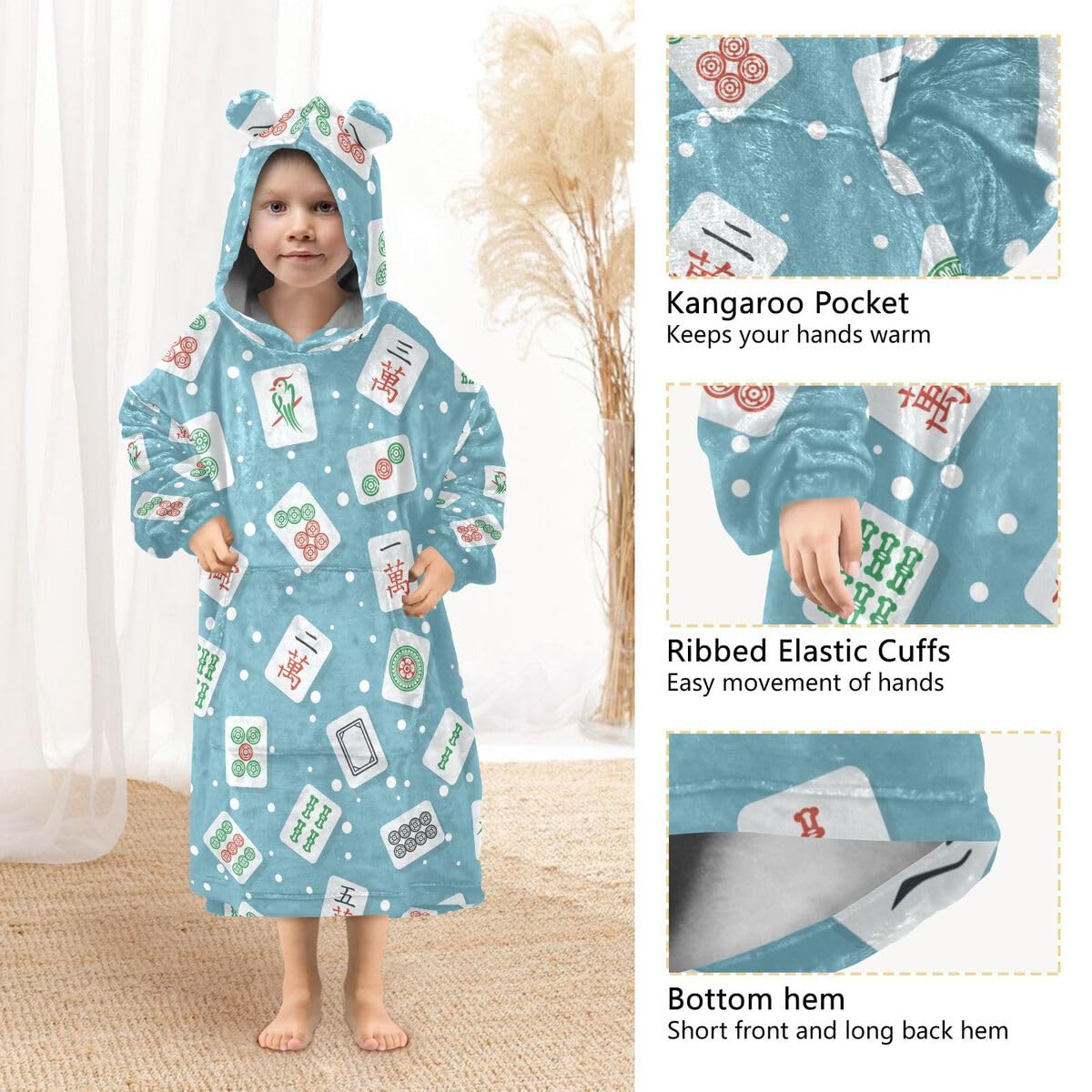 Mahjong Dziecięcy koc do noszenia, bluza z kapturem, oversize, sweter, tekstura, dla chłopców i dziewcząt w wieku 3-14 lat