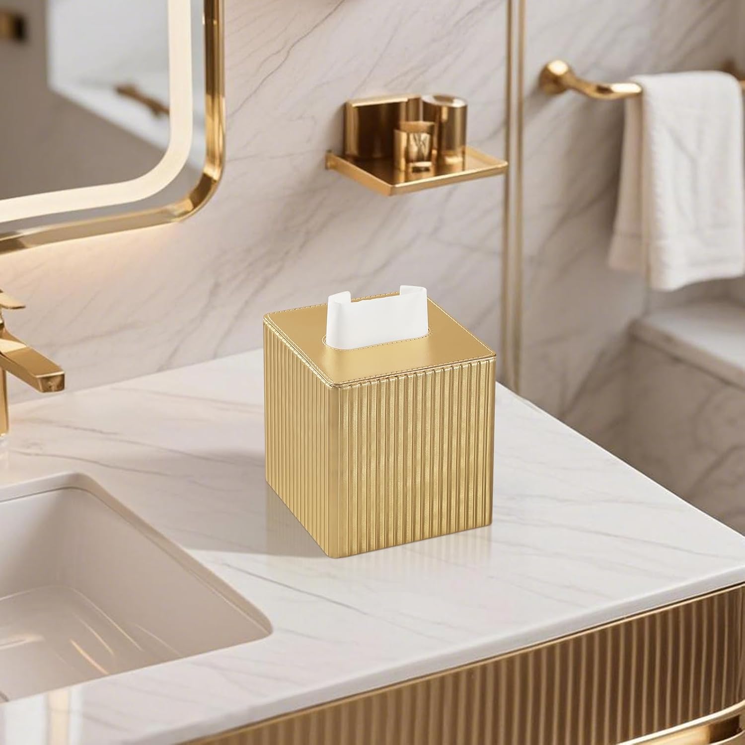 PU Leather Tissue Box Cover Square, Tissue Box Holder Gold | Non Slip Base, with Magnetic Closure, Cube Tissue Cover for Living Room Bathroom Vanity Nightstand Bedroom