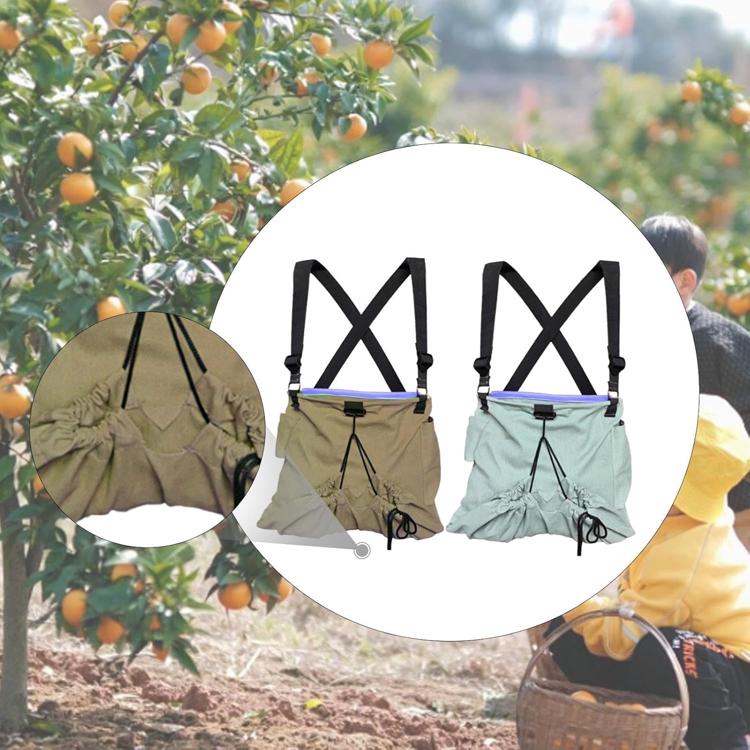 Fruit Picking Bag Heavy Duty Canvas Harvest Apron for Garden Peach Orchard Pouch Storage Pouch- khaki and blue gray