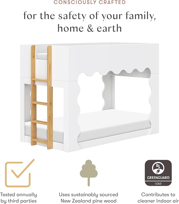 babyletto Kids Lido Wave Convertible Low-Profile Bunk Bed in White and Honey