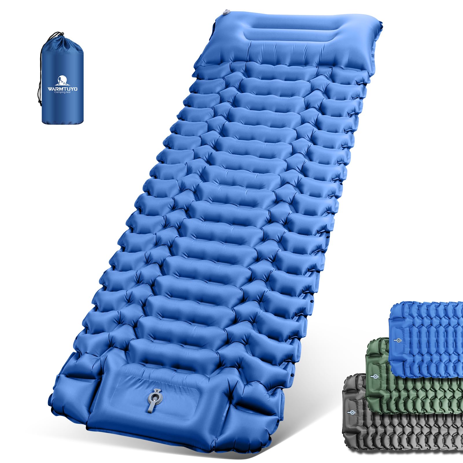 WARMTUYO Isomatte Camping, Ultraleicht Camping Aufblasbare Matratze mit Fußpresse Pumpe und Kopfkissen, Faltbare Wasserdicht Luftmatratze Anti-Ripstop Schlafmatte für Wandern, Strand, Outdoor