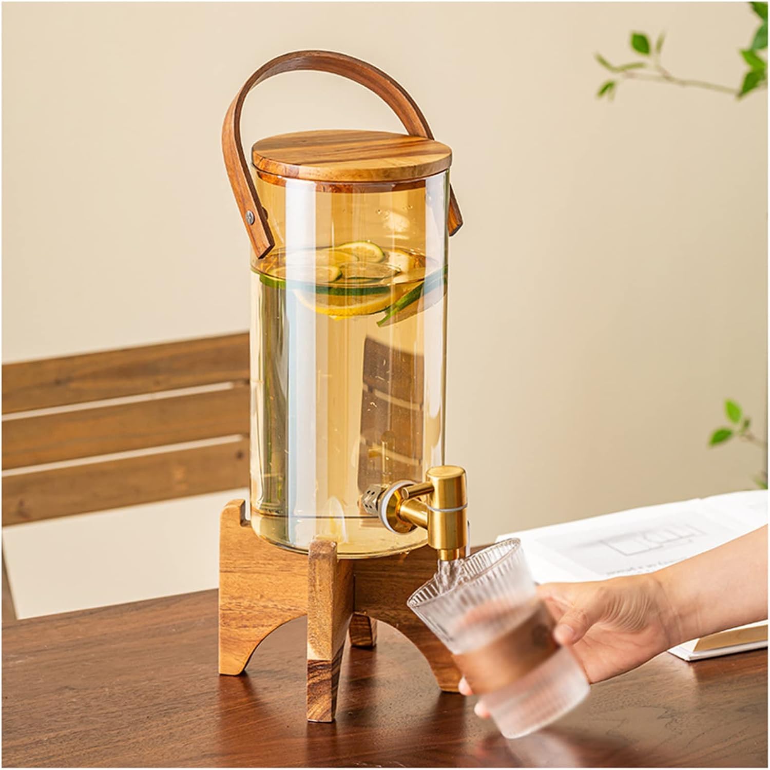 Getränkespender mit Ständer, Getränkespender aus Glas, Holzständer für heiße oder kalte Getränke, 7L, ideal für Partys, Outdoor, Alltag