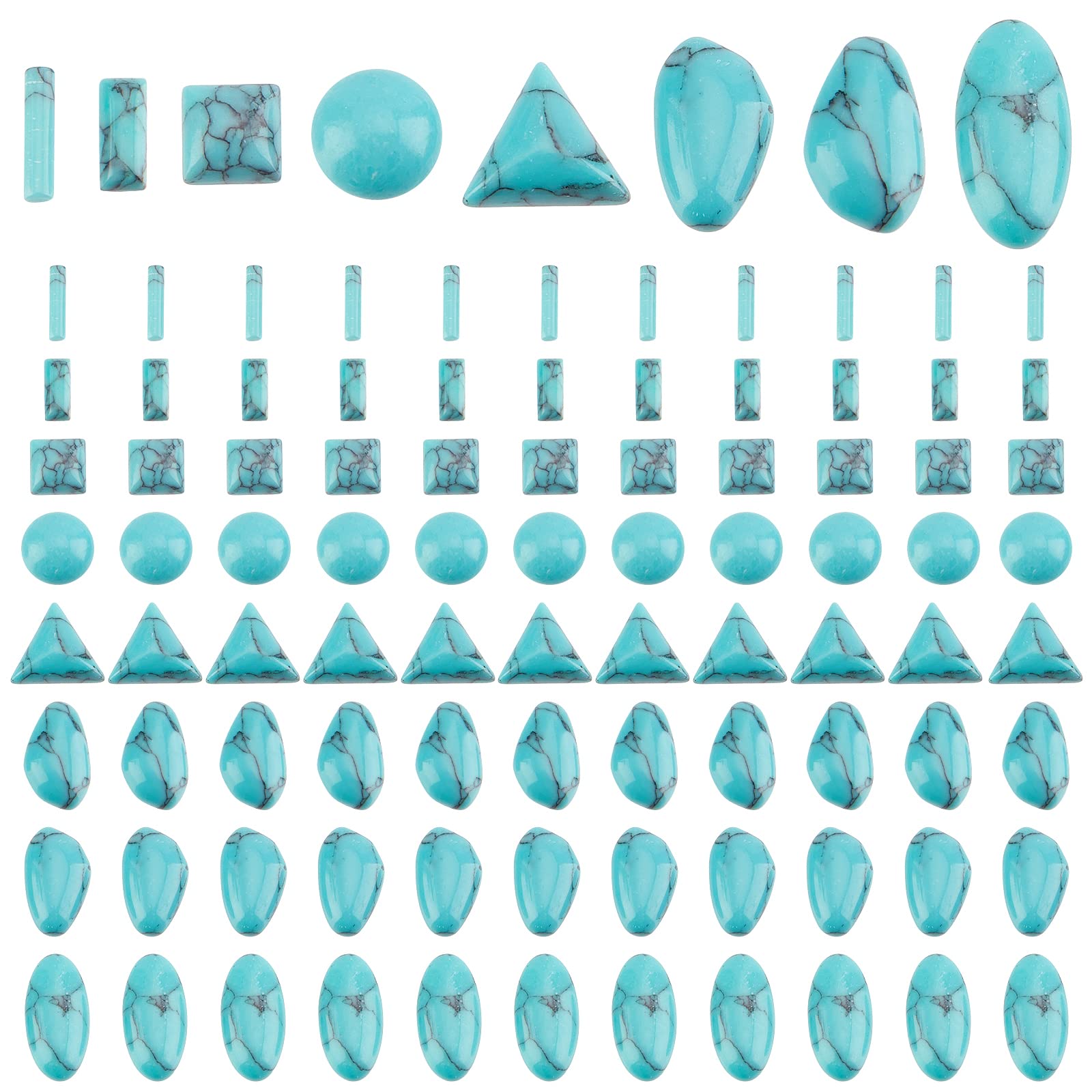 PH PandaHallPH PandaHall Synthetic Turquoise Stone Cabochons, 96pcs 8 Shapes Blue Texture Gemstone Tiles Column Square Bead Half Round Stone Cabochon Tile for Bracelet Necklace Earrings Cameo Jewellery Making