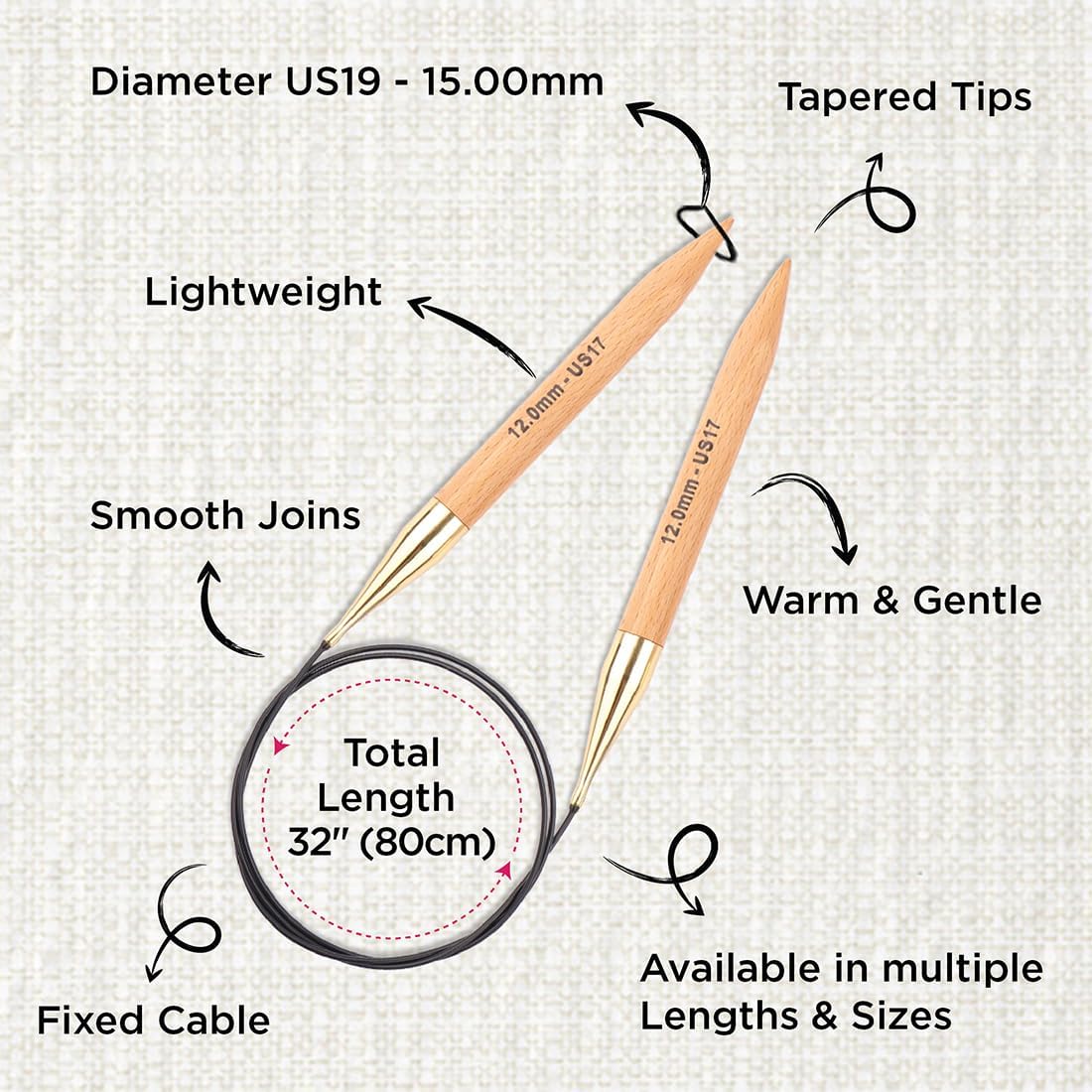 KnitPro Basix Beech Fixed Circular Needles 32" (80cm) | US Size 19 (15mm)