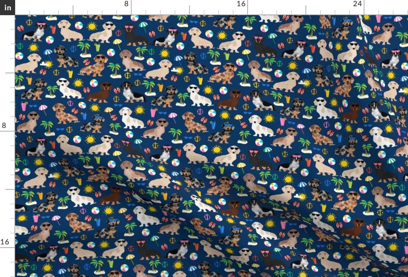 Spoonflower Fabric - Dachshund Summer Beach Day Navy Dog Dogs Printed on Minky Fabric by The Yard - Sewing Baby Blankets Quilt Backing Plush