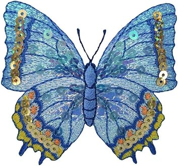 Butterfly Iron on Applique Patch - Sequin, Blue, Yellow 3-1/8" - for Hats, Shirts, Shoes, Jeans, Bags, Sewing Decorating DIY Craft