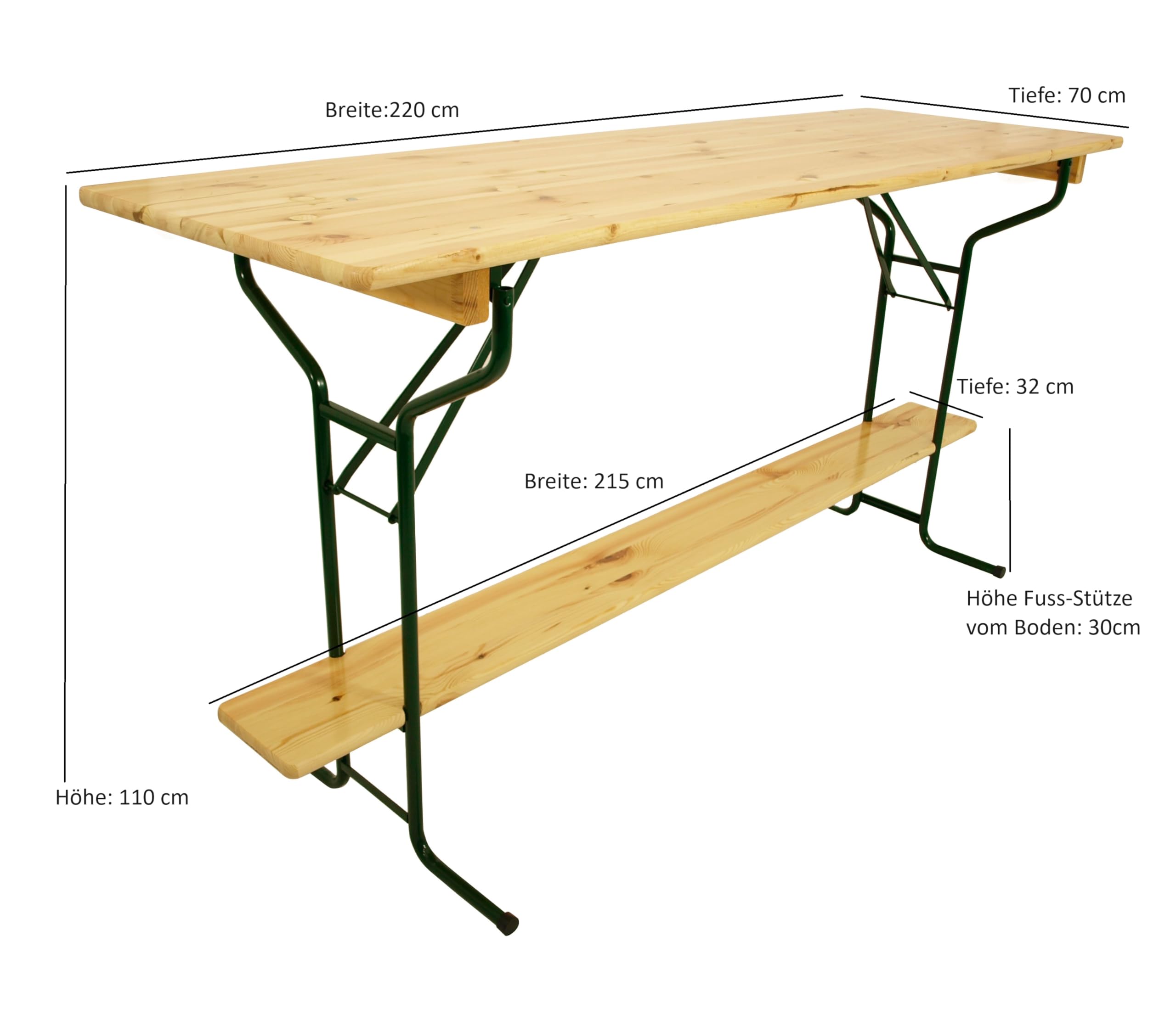 DEGAMO Stehtisch Bartisch Bamberg 70 x 220cm, Gestell Stahlrohr dunkelgrün, Tischplatte Kiefernholz transparent beschichtet, klappbar, Höhe 110cm