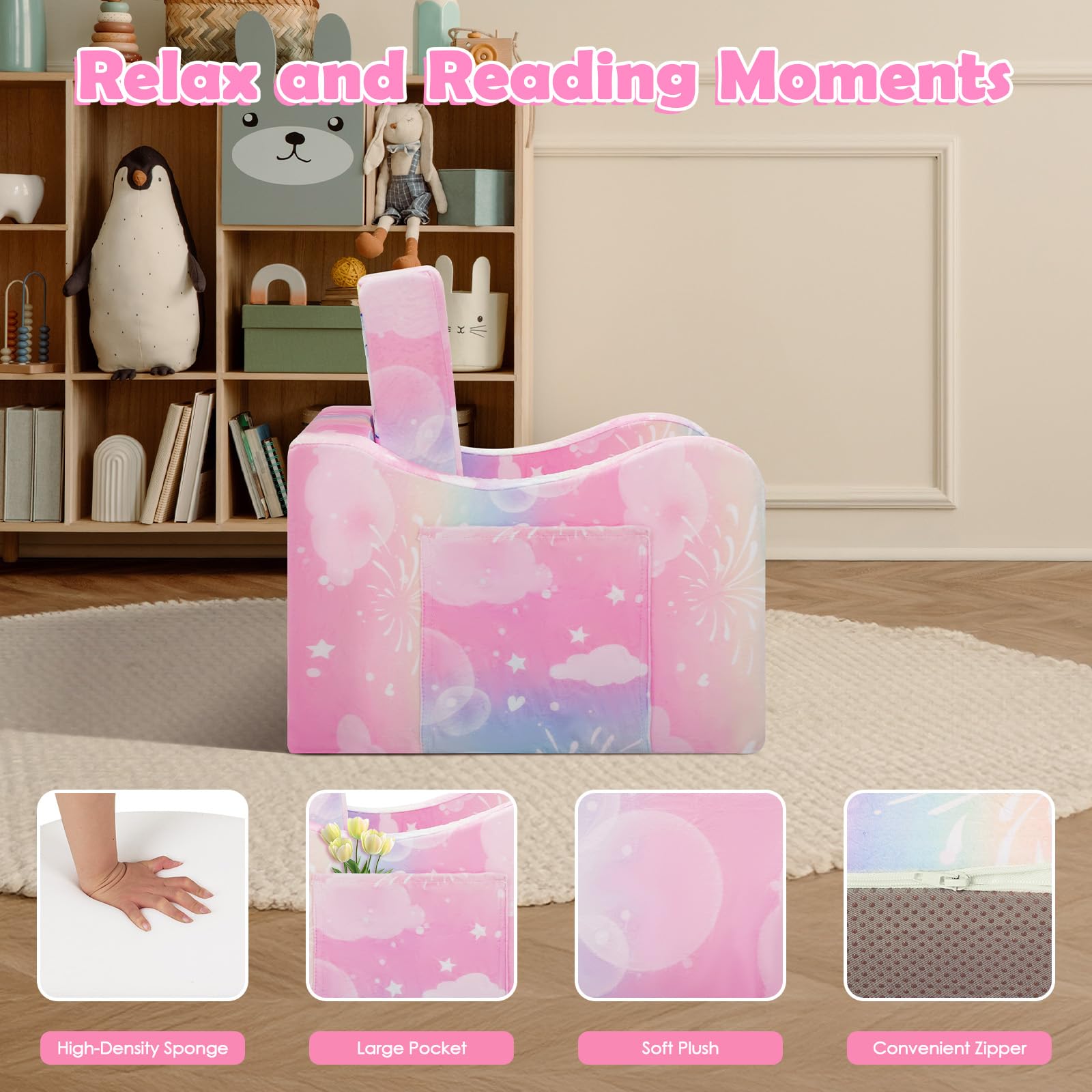 Pieghevole Divano Bambini 2-in-1, Poltroncina per Trasformabile in Lettino, Comoda Stabile Sedia Camere da Letto, Soggiorno e Stanza per i Giochi,Unicorno
