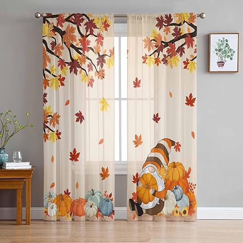 Cortinas traslúcidas de gnomos de otoño de 72 pulgadas de largo, juego de 2 paneles de hojas de arce de Acción de Gracias, cortinas