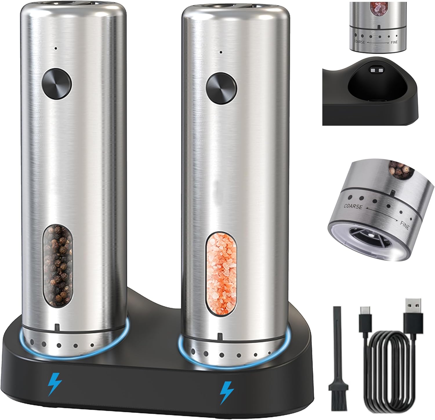 Electric Salt and Pepper Grinder Set - Rechargeable External Adjustment LED Light Dual Charging Base Upgraded Large Capacity with 110ml Top-Refill Stainless Steel Automatic Pepper Shakers