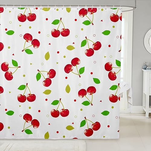 Feelyou Cortinas de ducha de tela de cerezo rojo, cortina de ducha para niños y niñas, dibujos animados, frutas, alimentos, baño, accesorios