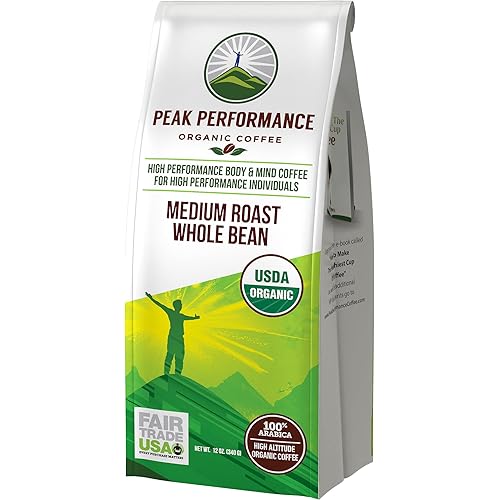 Peak Performance High Altitude Organic Coffee. Fair Trade, Low Acid, Non GMO, and Beans Full Of Antioxidants. Medium Roast Smooth Tasting USDA Certified Organic Whole Bean Coffee Bag