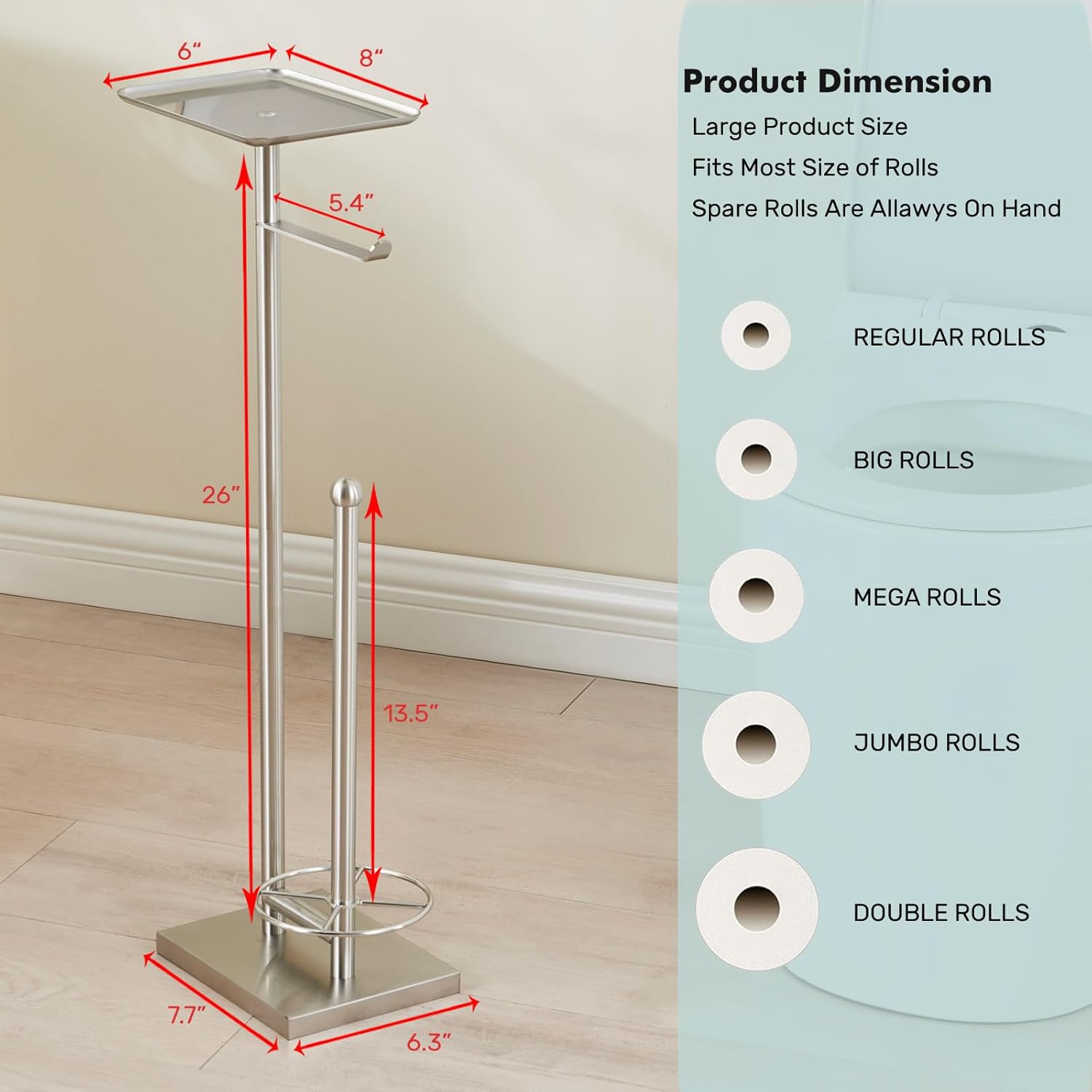 Toilet Paper Holder with Tray at The Top, Heavy-Weighted Stainless Steel Base No Wobbly, Freestanding Toilet Paper Rolls Stand, Hold Extra 3 Paper Rolls On The Base (Brushed Nickel)