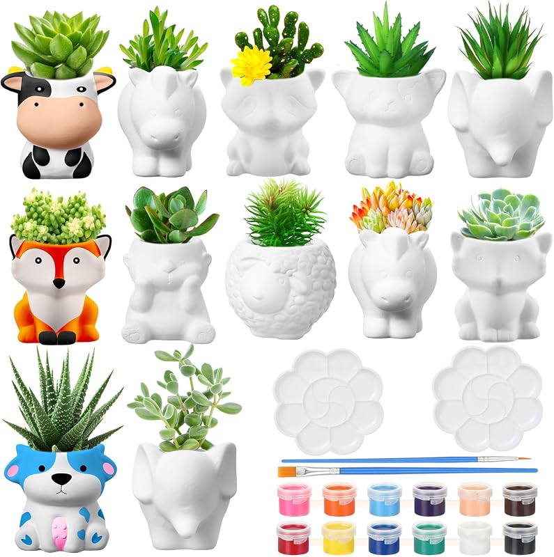 Hushee 12 Sets Ceramics to Paint Succulent Pots DIY Craft,Animals | Ready to Paint Planters Bulk with Drainage Hole, Unpainted Bisque Pottery Coloring Arts Gift, Home Christmas Decor