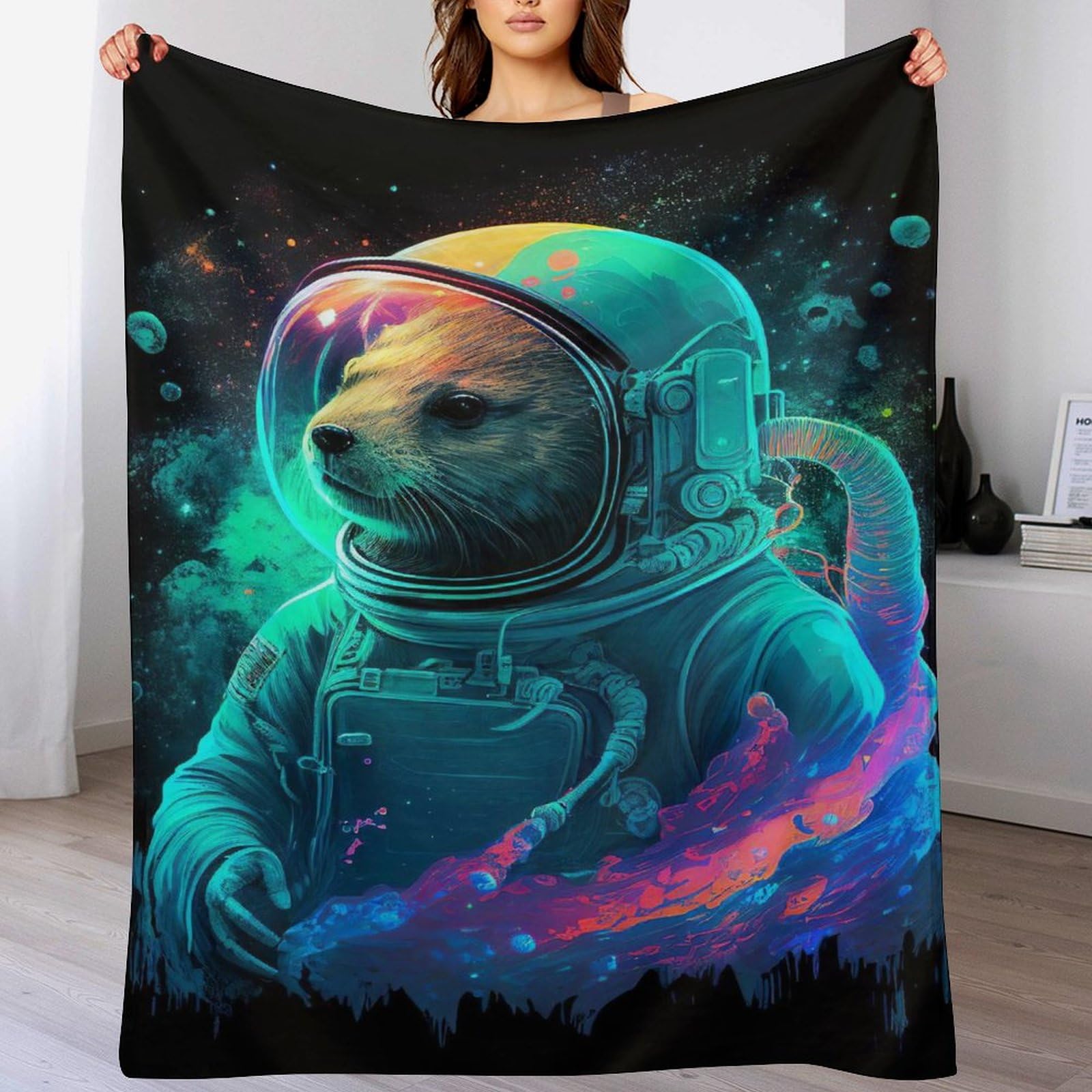 Plaid Loutre Astronaute Couverture Flannel Épaisse Idée Cadeau Enfant Lit