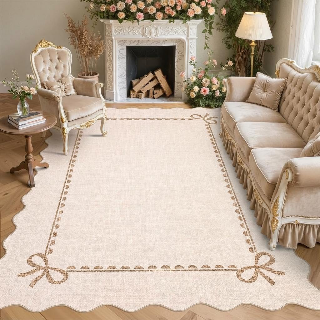 CAROMIO Scalloped Rug for Living Room 160x230 cm, Washable Area Rug with Bow Design, Low Pile Non Slip Ultra Thin Floor Mat for Lounge Bedroom, Beige — image 1