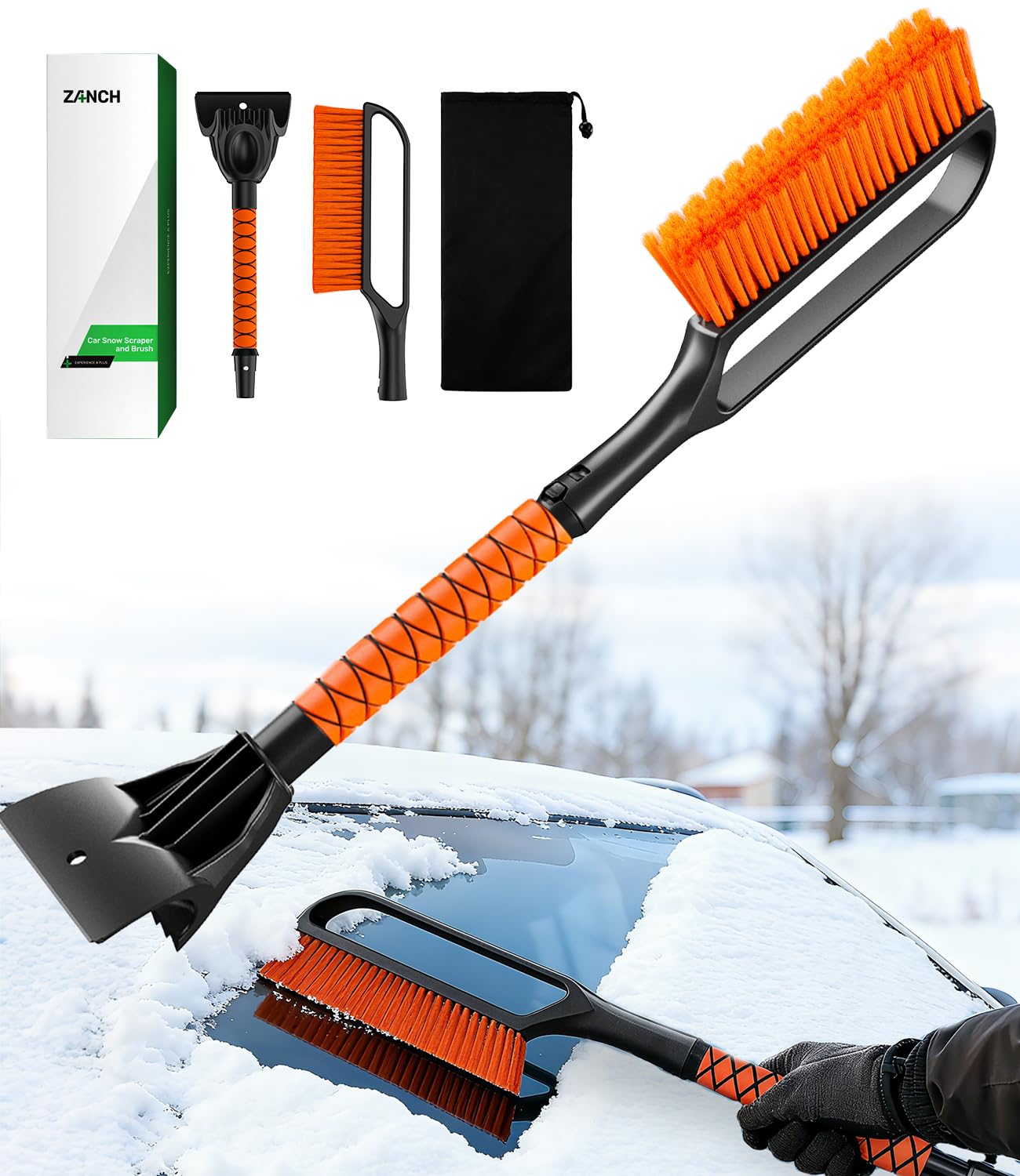Zanch 3-in-1 27" Snow Brush and Ice Scraper for Car Windshield [Wider Snow Brush, One-Wipe Clean] Snow Brush for Car with Ergonomic Foam Grip for All Cars,Truck,SUV, Winter Accessories M - 2