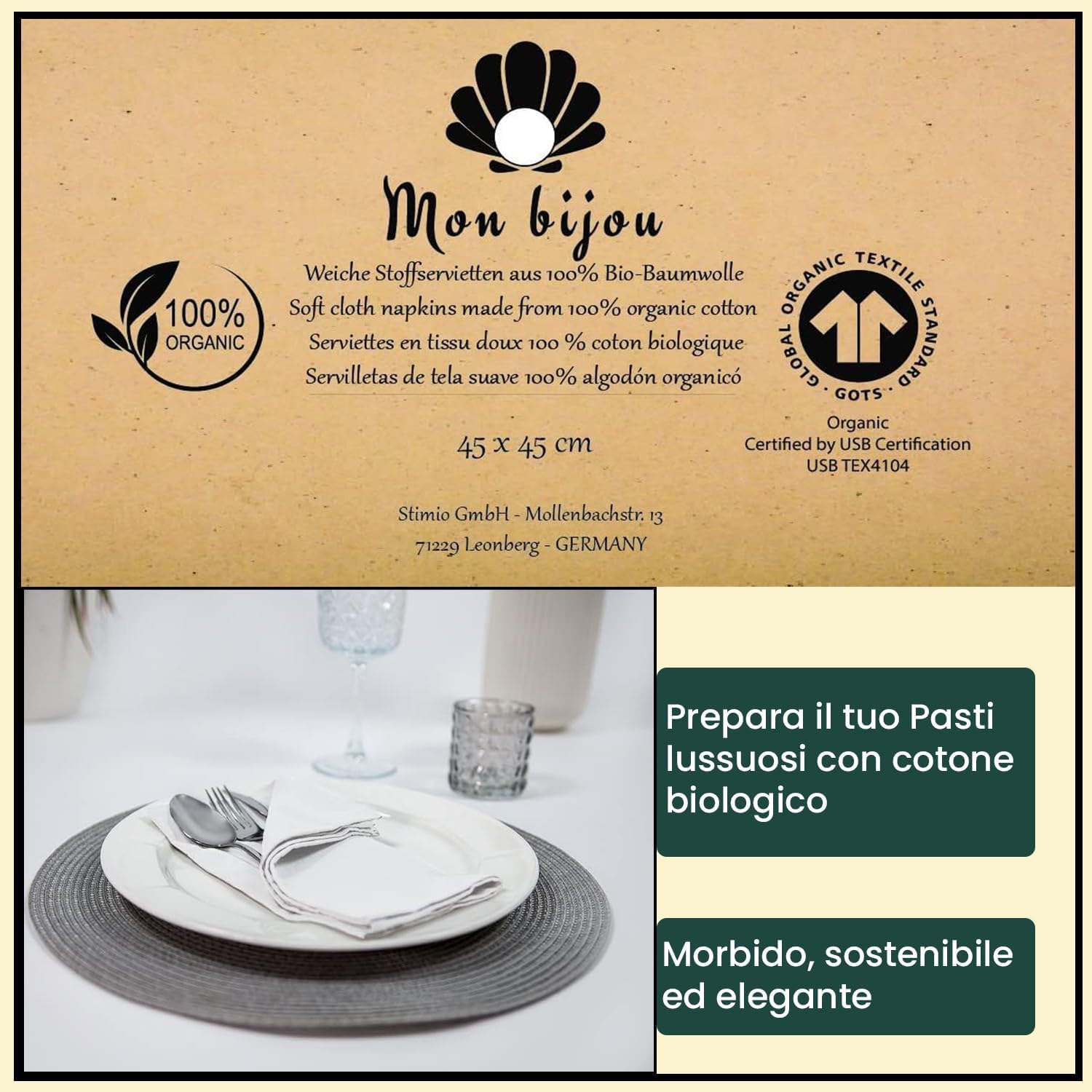 mon bijou® Set 6 Tovaglioli di Stoffa Bianchi 45x45 cm – 100% Cotone Biologico Certificato GOTS – Eleganti Lavabili Riutilizzabili – Sostenibili per Natale Pasqua Tavola Cucina Feste
