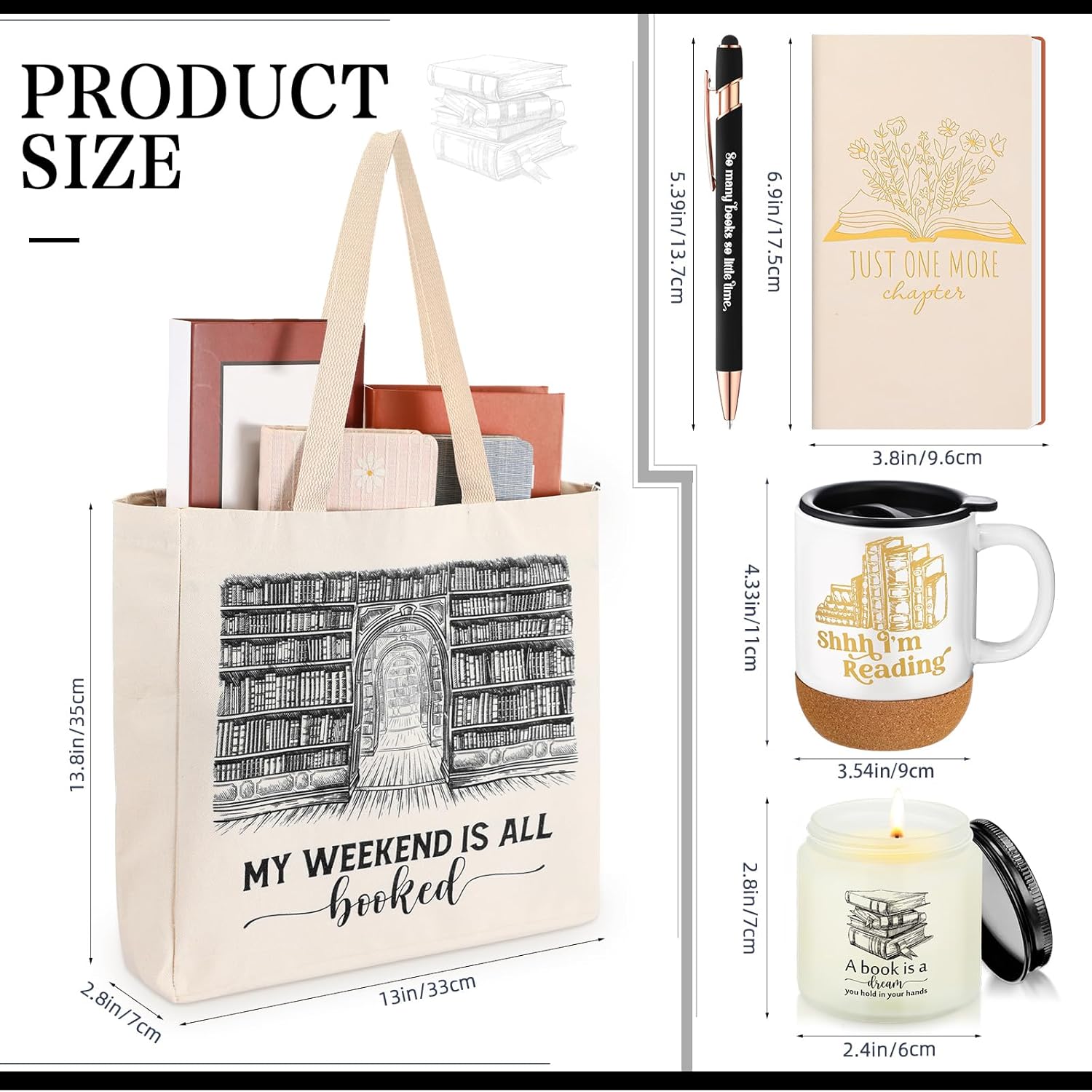 Moinchore Set of 5 Book Lover Gift for Reader Book Club Canvas Tote Bag Bookish Notebook Pen Ceramic Coffee Mug with Cork Bottom Scented Candle for Bookworm Teacher Librarian Appreciation Gift(White)