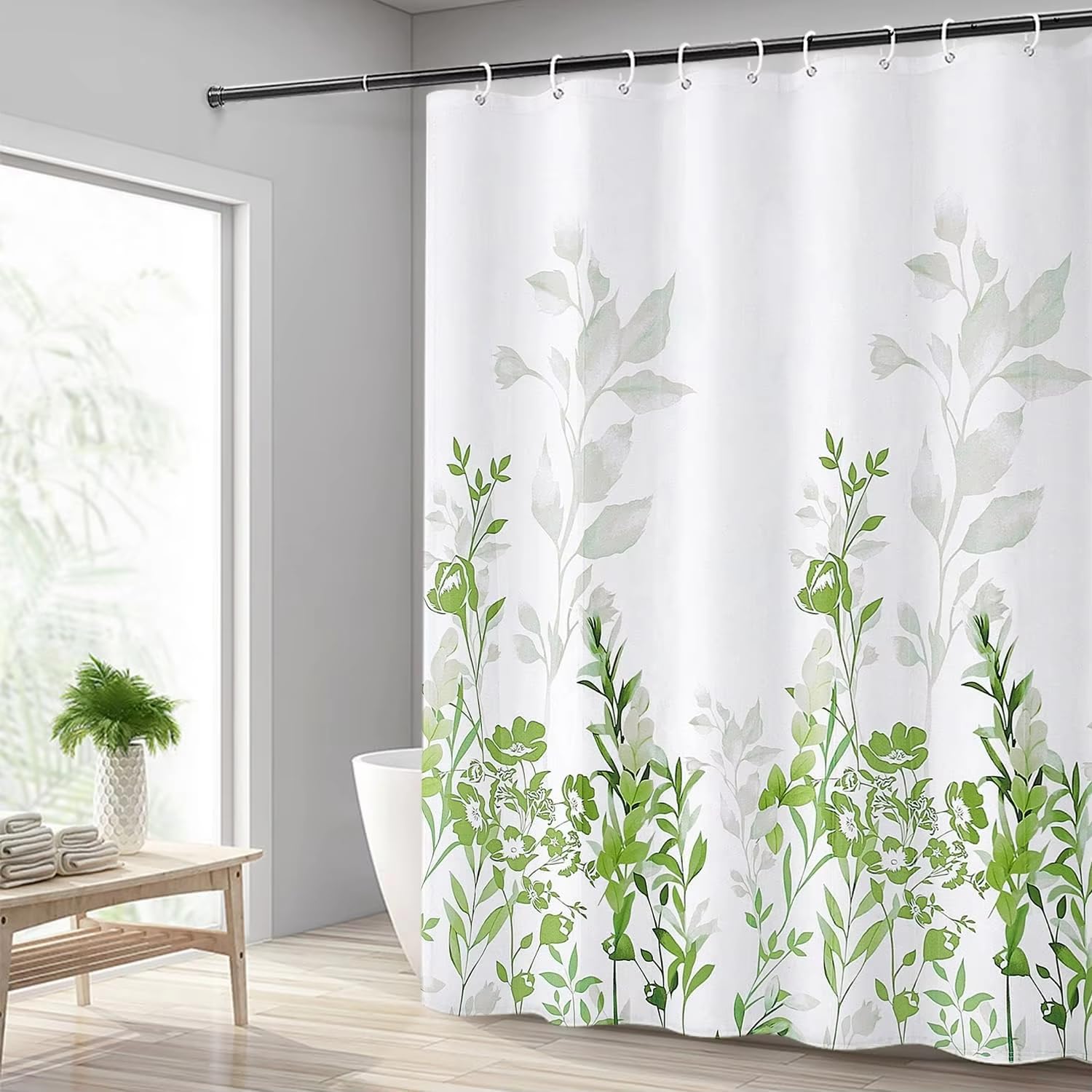 Zasłona prysznicowa Green Leves nowoczesna, zmywalna, wodoodporna, poliester, dekoracja łazienki z haczykami (205 x 260 cm/przeciw pleśni)