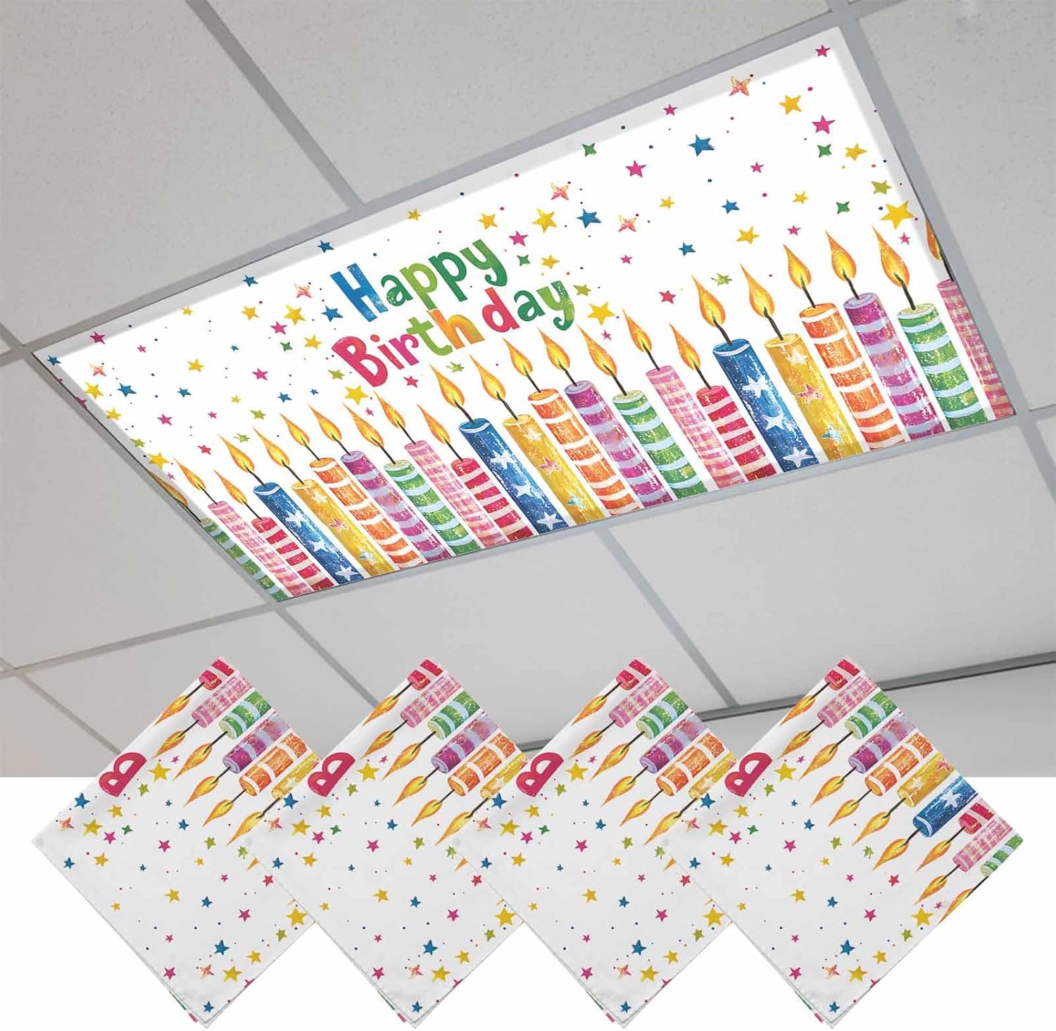 Happy Birthday Fluorescent Light Covers Colorful Candles Magnetic Light Filters Ceiling Lighting Panel Shade for Classroom Office Home 2 x 4 ft, 4 Pack