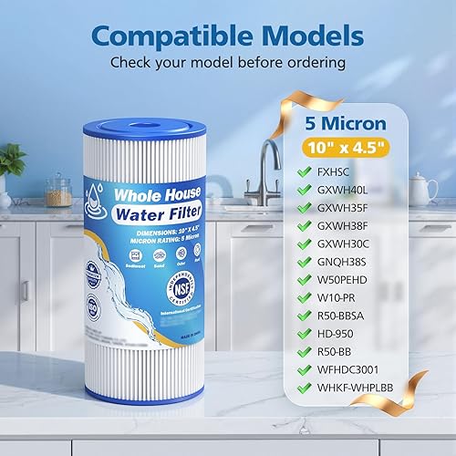 Miniatura 2 de Filtro de agua para toda la casa de 10 x 4.5 pulgadas de 5 micrones compatible con GE FXHSC, GXWH40L, Plumber W50PEHD, Culligan R50-BBSA, Pentek