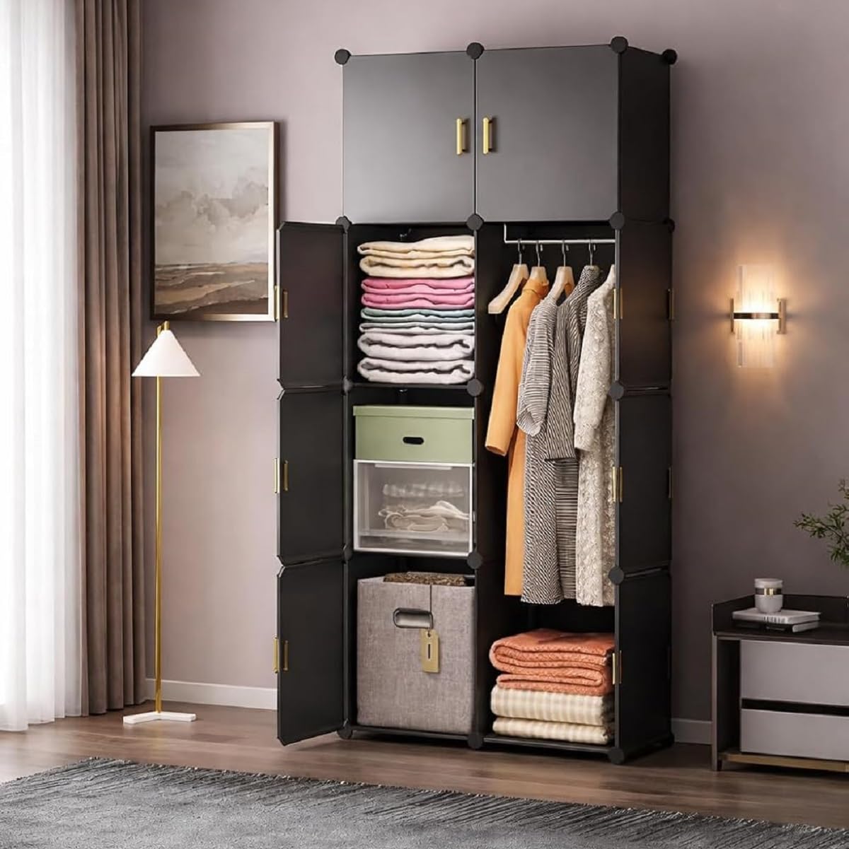 EXVITO Collapsible Wardrobe Storage Cabinet | 8 Door Plastic Modular Clothes Organizer for Kids | Foldable Wardrobe Storage Rack with Hanging Space | Multi-Purpose Kids Closet Organizer - Grey-image-5