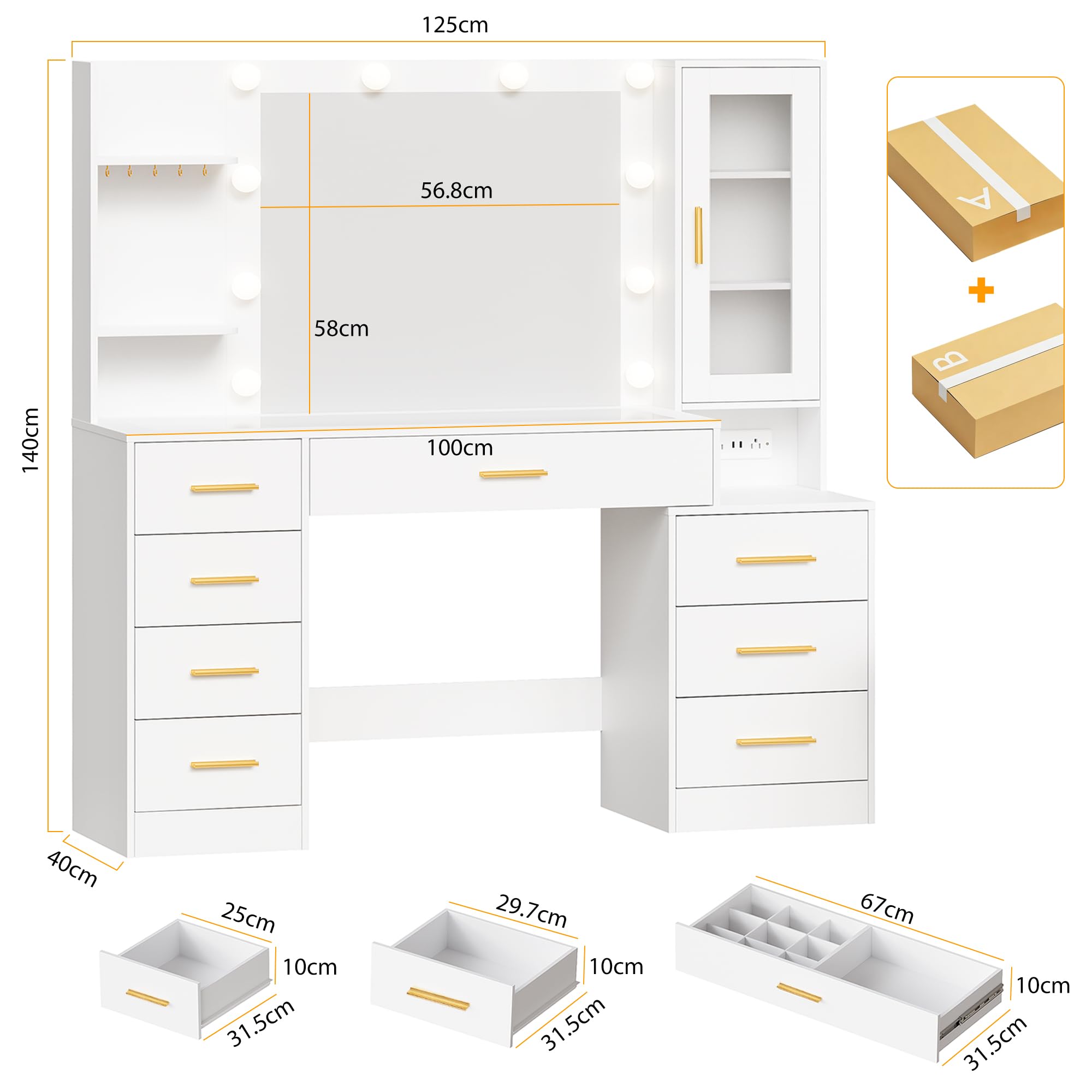BEWISHOME Grande Toeletta Trucco con Luci e Specchio, Illuminazione a LED Regolabile, Toeletta Trucco con Piano in Vetro, Moderna Trucco con 8 Cassetti, Prese, per la Camera da Letto, Bianco EFST67W