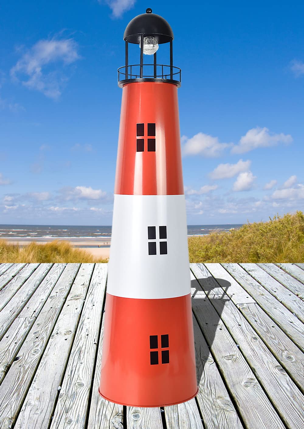 120 cm Solar Leuchtturm Metall-Leuchtfeuer mit Solarbeleuchtung, Rot, Weiß, Schwarz, XXL
