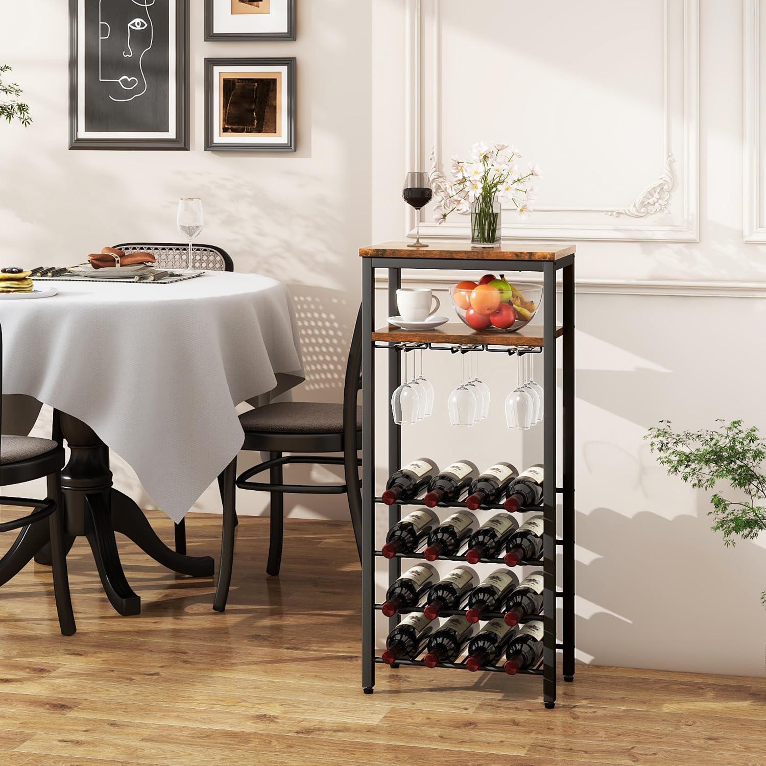 Estantes de vino independientes para piso, soporte para botellas de licor, gabinete de vino para 16 botellas con soporte para vidrio, soporte para vino, mini mesa de bar de vino para sala de 3