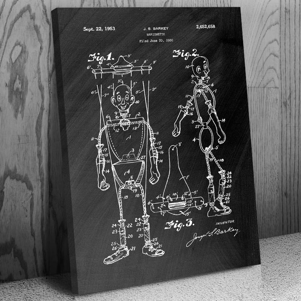 Patent Earth Marionette Puppet Canvas Print, Toy Collector Gift, Puppeteer Gift, String Puppets Art, Puppet Art Print, Vintage Puppet Black Chalkboard (16 inch x 20 inch)