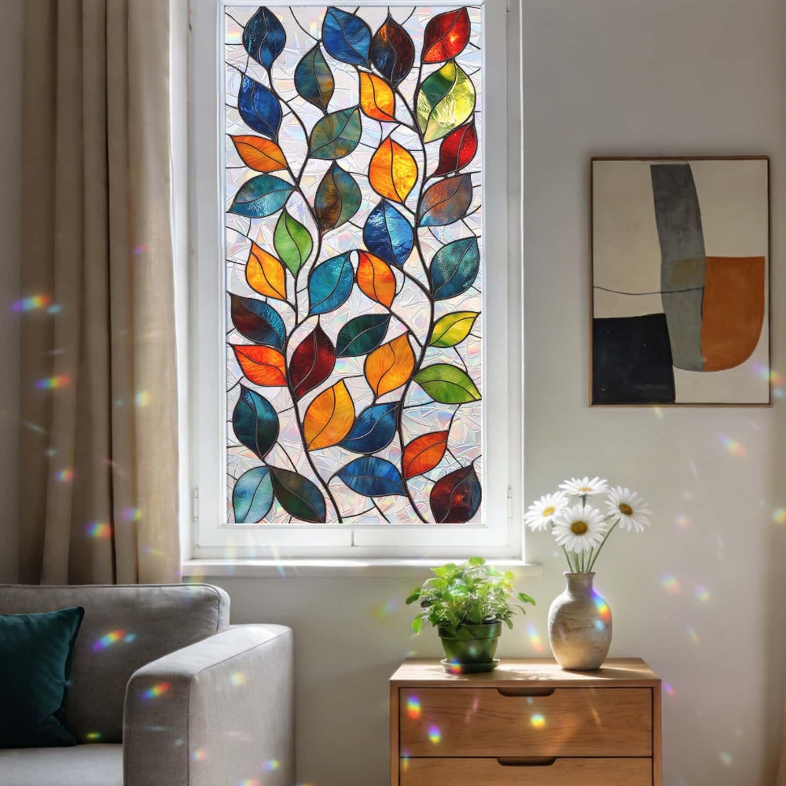 Window Film Privacy 43x100cm Colored Metal Leaves Privacy Film for Glass Windows Office Kitchen Living Room Bathroom Opaque Reusable Window Stickers for Glass