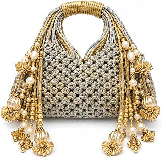 Wedding Potli Bags for Gifting Bridal Designer Mobile Purse Women Girls Beaded Gold-Tone Emblem Fancy Dulhan Handbag Gift Stylish Evening Clutch with Ring Handle
