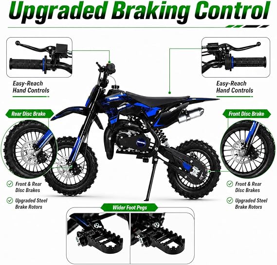 50cc 2-Stroke Kids Dirt Bike, Pocket Gas Motorbike, Off Road Gas Power Mini Pocket Motorcycle with Front Rear Disc Brakes, Mini Dirt Scooter Bike Pocket, Racing Max Speed 40km/H (Blue Pro)