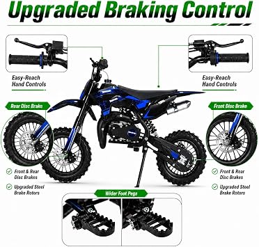 50cc 2-Stroke Kids Dirt Bike, Pocket Gas Motorbike, Off Road Gas Power Mini Pocket Motorcycle with Front Rear Disc Brakes, Mini Dirt Scooter Bike Pocket, Racing Max Speed 40km/H (Blue Pro)