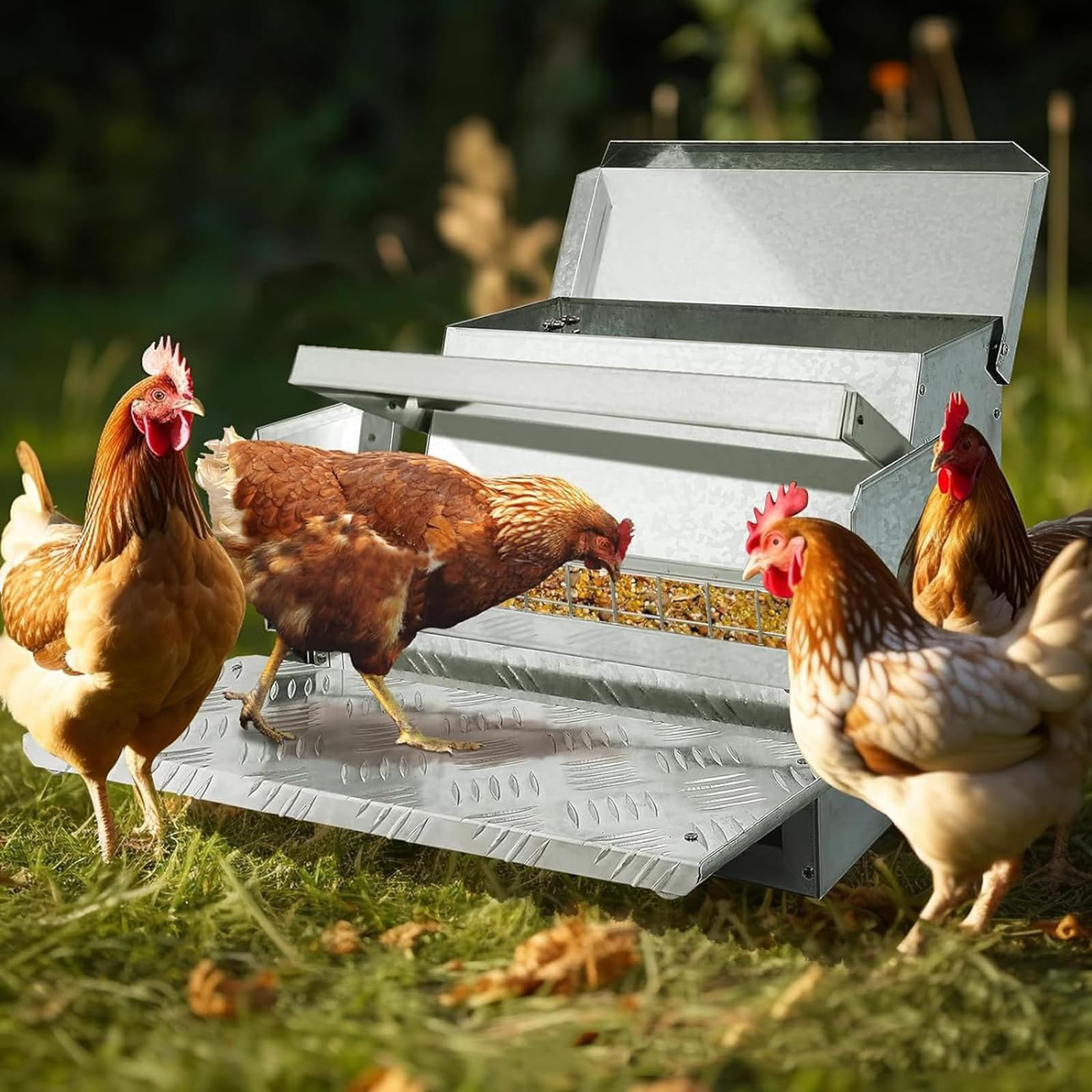 Mangiatoia automatica per polli, 11,3 kg, auto-apribile, nutre 6-12 uccelli fino a 7 giorni, design a pedale antiscivolo, ideale per polli e pollame da cortile