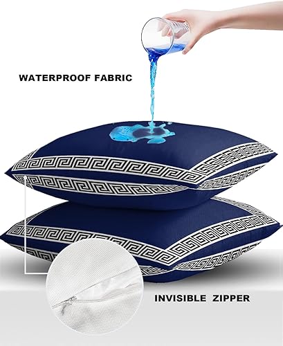 Miniatura 4 de Juego de 2 fundas de almohada impermeables para exteriores, diseño geométrico de llave griega, juego de 2 fundas de almohada lumbares, color azul
