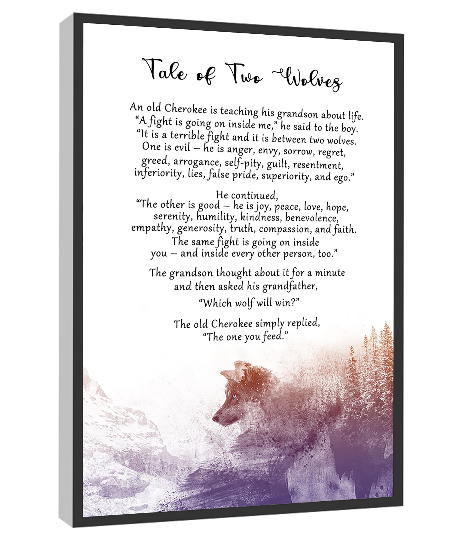 RCVTVPV Tale Of Two Wolves Wall Art Native American Tale Art Print Spiritual Wisdom Poster Canvas Wall Art For Home Office Framed Ready to Hang 8"x12"