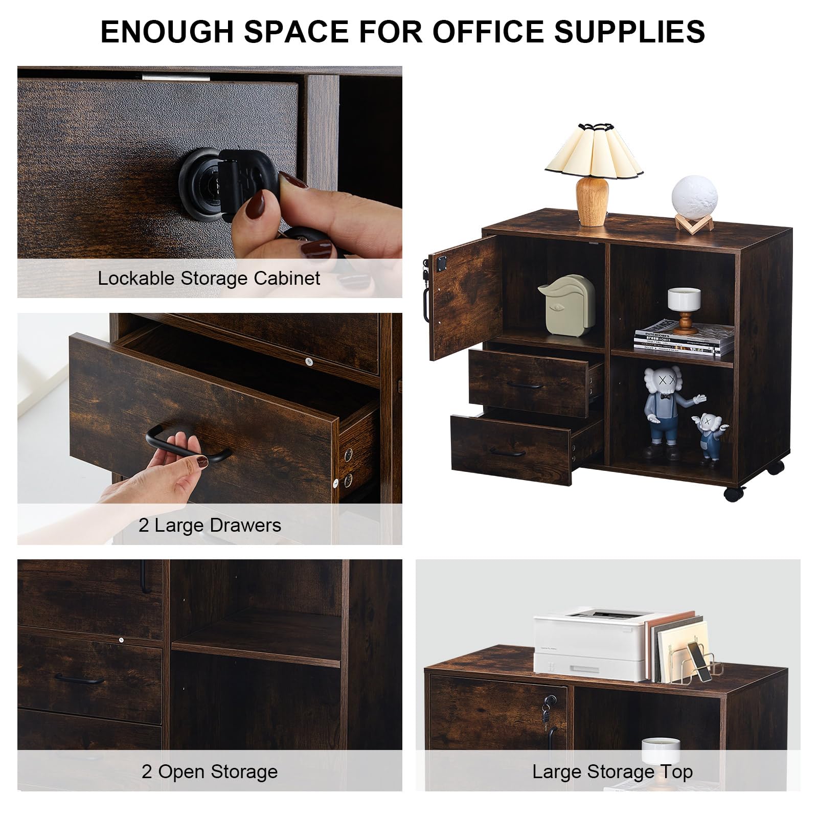 TUKAILAi Caisson de Bureau à 3 Tiroirs, Support Imprimante Mobile avec roulettes, Armoires de Rangement avec Étagères Ouvertes pour Format A4 Style Industriel (Marron Rustique)