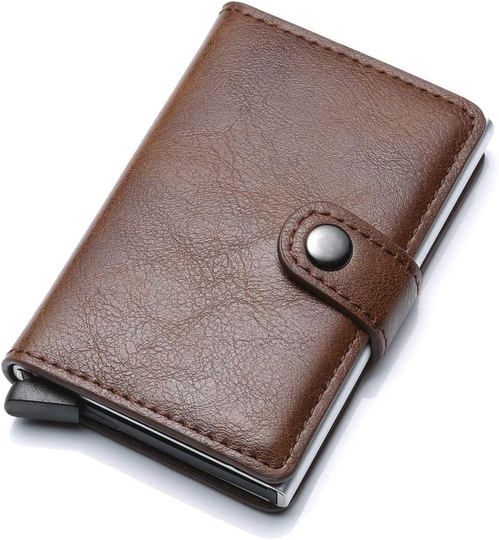 DUBKARTRFID Blocking Mens Slim Wallet with Aluminium case Anti-theft Credit Card Holder (Holds upto 8 cards), Automatic Pop-Up Credit Card Slider, Wallet Dark Brown Brown)