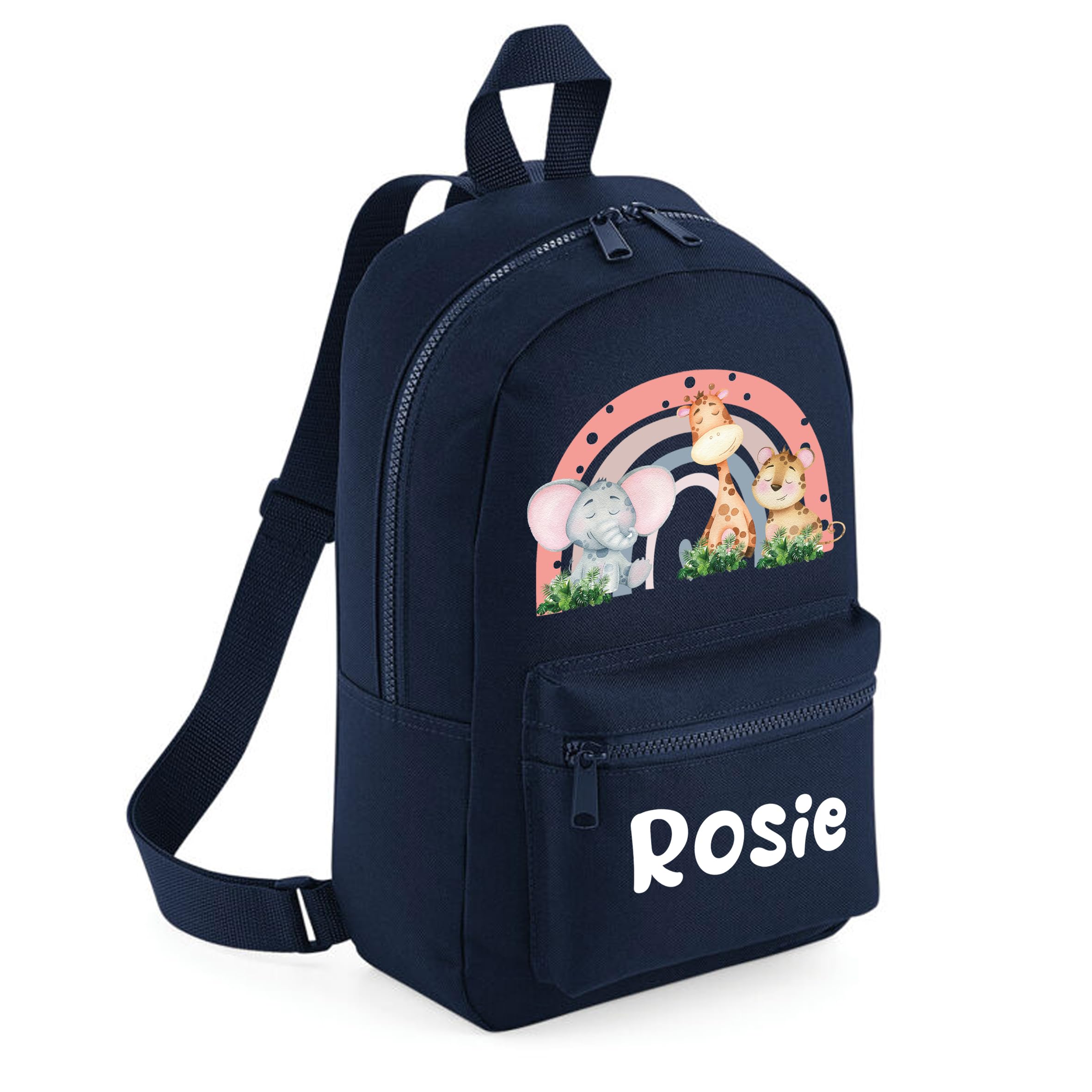 The Baby Box Uk Women's Navy Personalised Girls Backpack Toddler Safari Rainbow Back Pack Childrens Rucksack ( Blue)