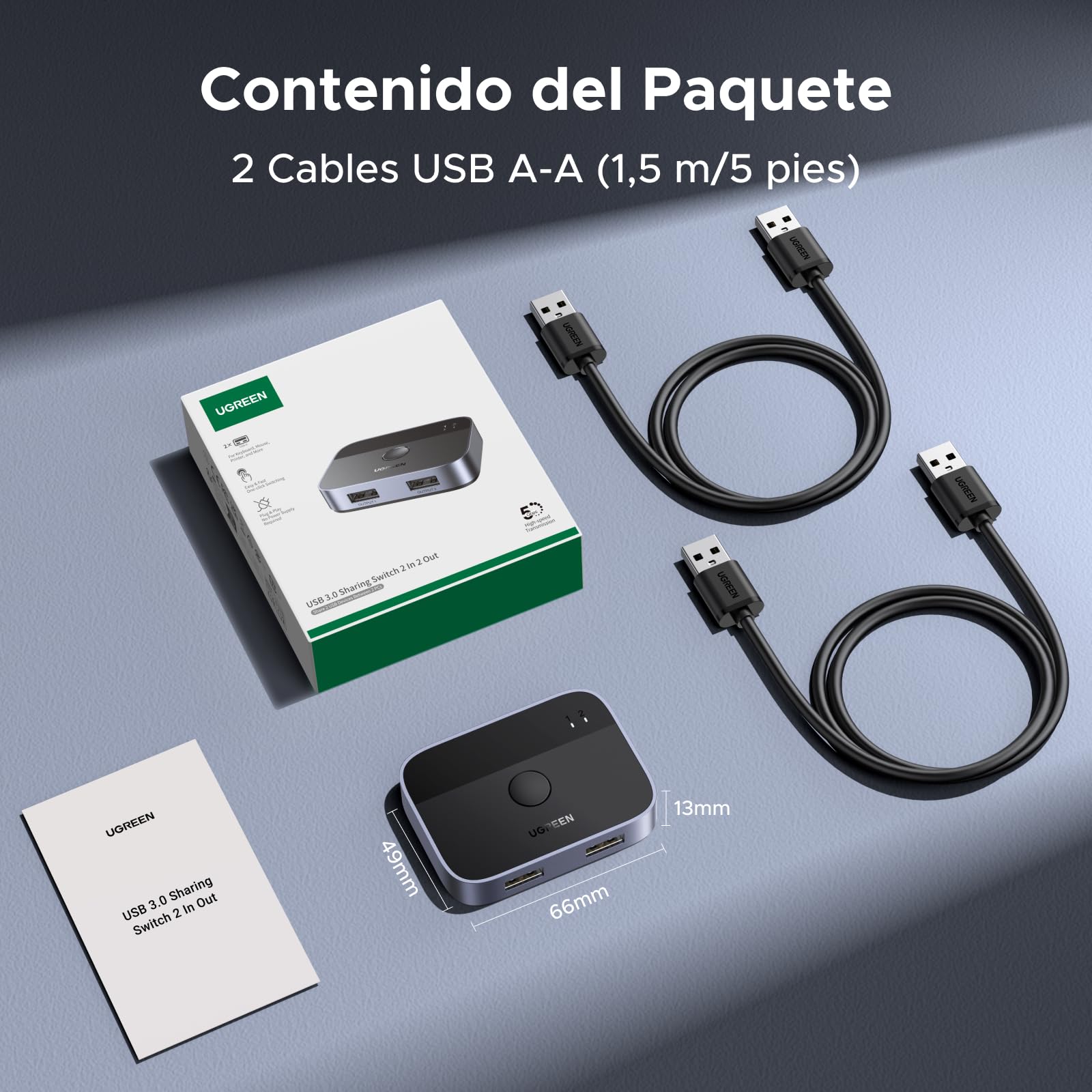UGREEN Switch USB 3.0 5Gbps KVM Switcher 2 Puertos para 2 PC 2 Entradas 2 Salidas Aluminio para Teclado Ratón Disco Duro Externo Impresora Escáner 2 Cables 3.0 Incluidos