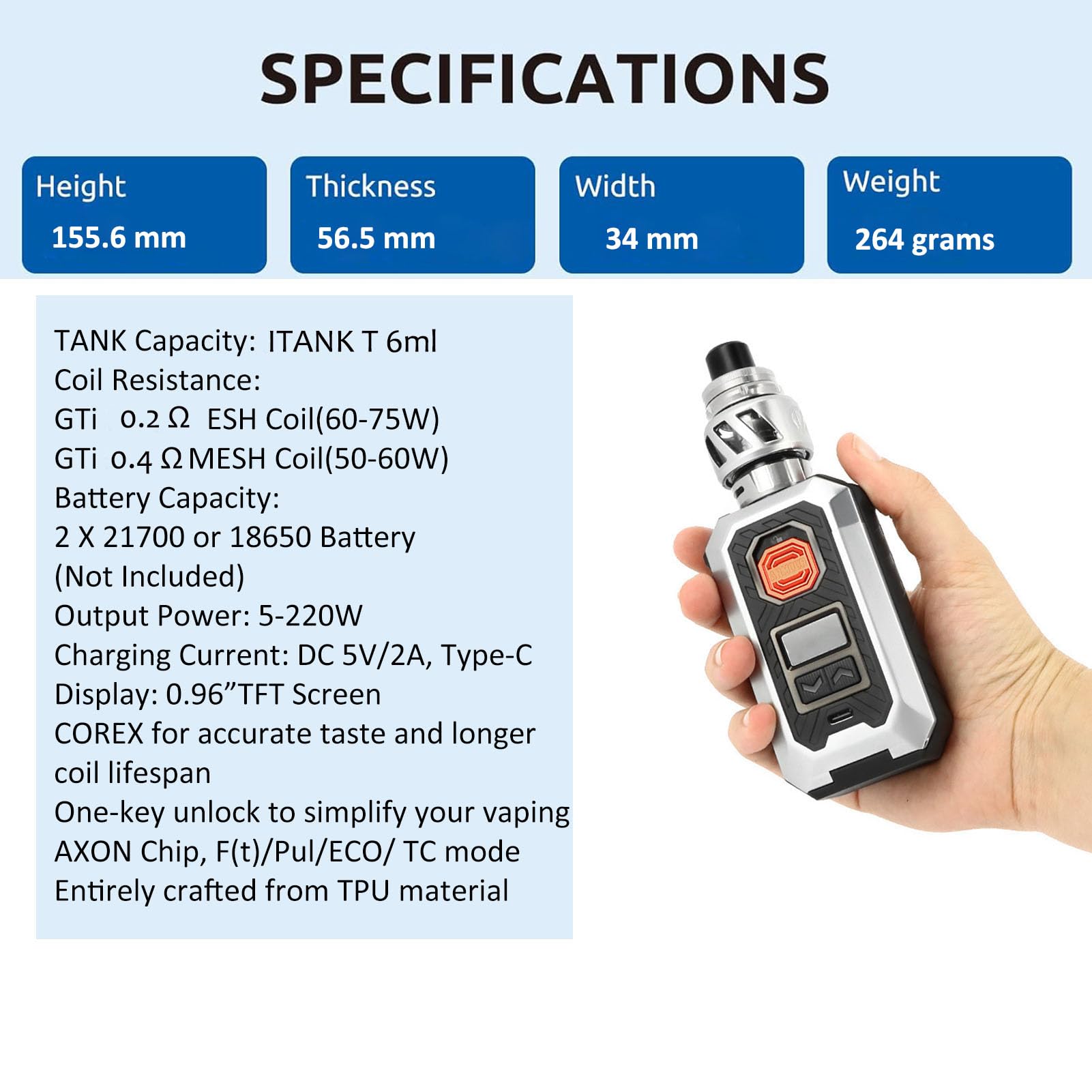 Vaporesso ARMOUR MAX Kit[ iTank T Edition ] 220W Armour Max Mod with 6 ml  Top Tilling